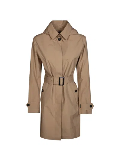 Save The Duck Belted Hooded Trench Coat In Brown