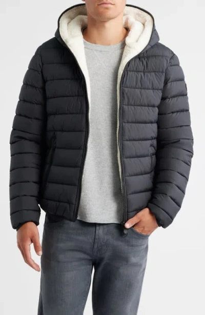 Save The Duck Bertie Faux Shearling Lining Hooded Puffer Jacket In Black