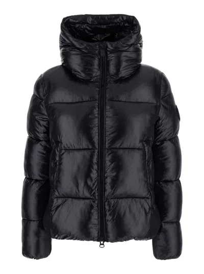 SAVE THE DUCK 'BIDDY' BLACK DOWN JACKET WITH HOOD AND LOGO ON THE SLEEVE IN TECH FABRIC WOMAN