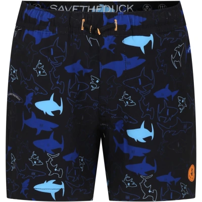 Save The Duck Kids' Black Swim Shorts For Boy With Shark Print