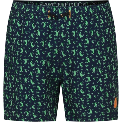 Save The Duck Kids' Blue Getu Swim Shorts For Boy With Gecko Print In Green