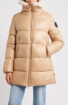 Save The Duck Quilted Beige Down Coat With Plush Collar In Brown