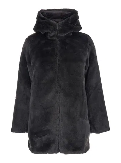 SAVE THE DUCK 'BRIDGET' BLACK REVERSIBLE JACKET WITH FRONT ZIP CLOSURE IN ECOFUR WOMAN