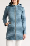 Save The Duck Chiara Hooded Shiny Long Puffer Jacket In Atilan Grey