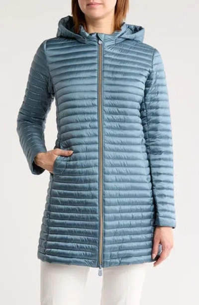 Save The Duck Chiara Hooded Shiny Long Puffer Jacket In Atilan Grey