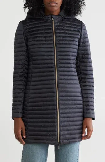 Save The Duck Chiara Hooded Shiny Long Puffer Jacket In Black