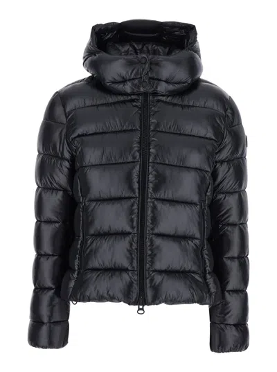 SAVE THE DUCK COSMARY BLACK DOWN JACKET WITH REMOVABLE HOOD AND LOGO PATCH ON THE SLEEVE IN TECH FABRIC WOMAN