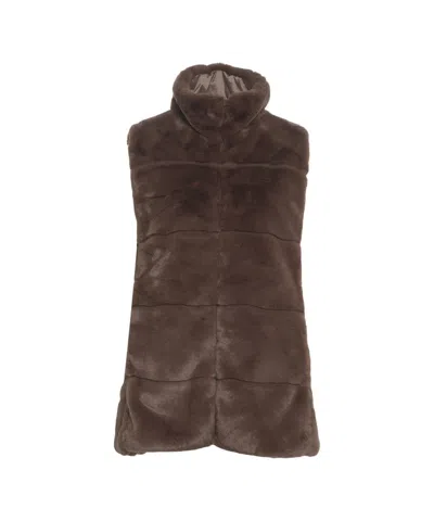 Save The Duck Faux Fur Waistcoat With High Collar And Plumtech Padding In Brown