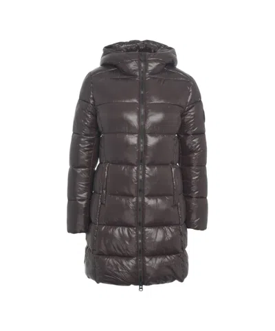 Save The Duck Glossy Knee-length Puffer Jacket With Double-slider Zipper In Brown