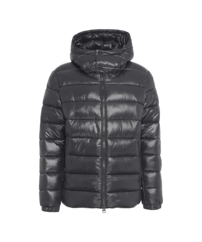 Save The Duck Glossy Quilted Down Jacket With Fixed Hood And Zippered Pockets In Gray