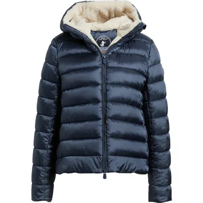 Save The Duck Gretel Faux Shearling Lining Hooded Puffer Jacket In Blue