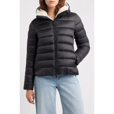 Save The Duck Gretel Faux Shearling Lining Hooded Puffer Jacket In Brown