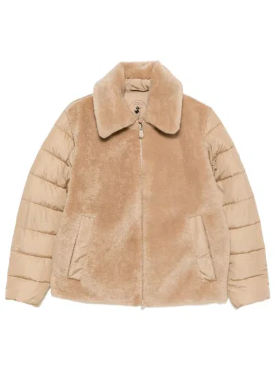 Save The Duck Hana Puffer Jacket With Faux Fur Inserts In Brown