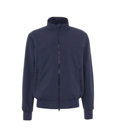 Save The Duck High Collar Water-resistant Jacket With Logo Applique In Blue