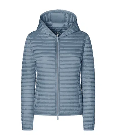 Save The Duck Hooded Quilted Down Jacket In Gray-blue