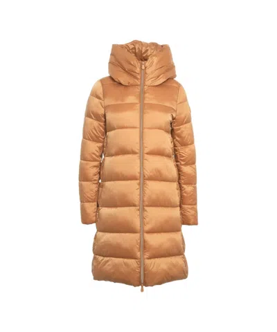 Save The Duck Iris Long Down Jacket With High Collar And Hood In Brown