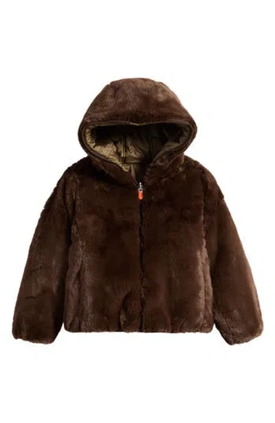 Save The Duck Kids' Chloe Reversible Faux Fur Hooded Puffer Jacket In Brown