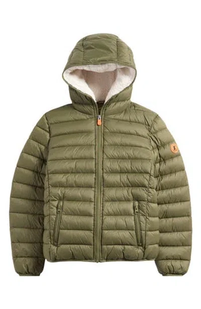 Save The Duck Kids' Finnegan Fleece Lined Hooded Puffer Jacket In Green