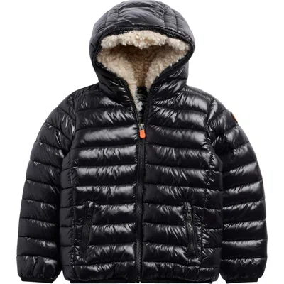 Save The Duck Kids' Gavin Faux Shearling Lined Hooded Puffer Jacket In Black