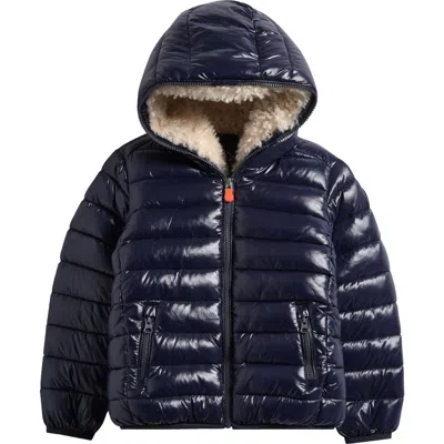 Save The Duck Kids' Gavin Faux Shearling Lined Hooded Puffer Jacket In Black