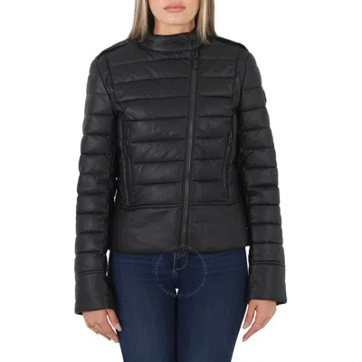 Save The Duck Ladies London Leather Biker Puffer Jacket In Black