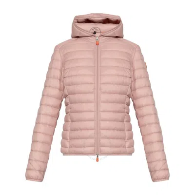SAVE THE DUCK OPEN BOX - SAVE THE DUCK LADIES PINK DAISY ANIMAL FREE HOODED PUFFER JACKET