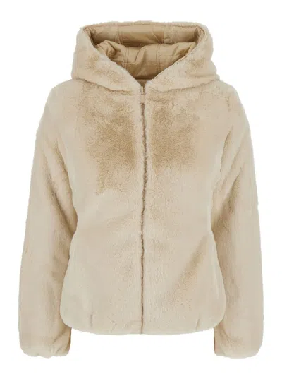 SAVE THE DUCK 'LAILA' BEIGE DOWN JACKET WITH HOOD I N ECOFUR WOMAN