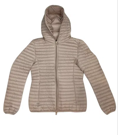 Save The Duck Long Jacket With Hood Woman  Dawa Khaki Brown In Animal Print
