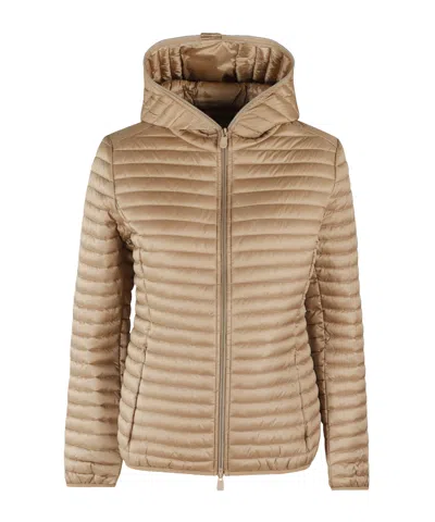 Save The Duck Long-sleeved Hooded Cotton Coat In Gold