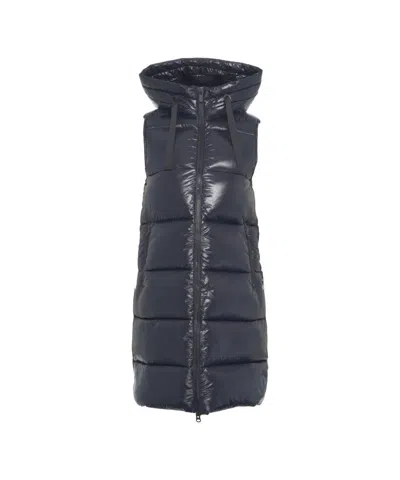Save The Duck Long Quilted Gilet With Protective Hood And Dual-slider Zipper In Gray