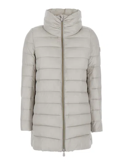 SAVE THE DUCK LYDIA BEIGE DOWN JACKET WITH HIGH NECK AND LOGO PATCH ON THE SLEEVE IN TECH FABRIC WOMAN