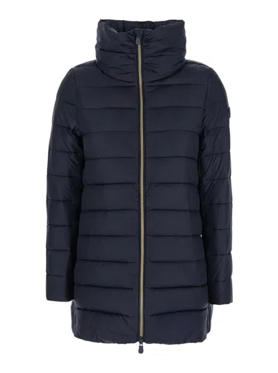 SAVE THE DUCK 'LYDIA' BLUE DOWN JACKET WITH HIGH NECK AND LOGO PATCH ON THE SLEEVE