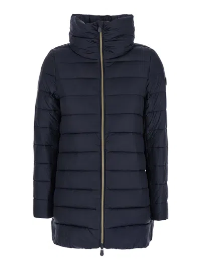 SAVE THE DUCK LYDIA BLUE DOWN JACKET WITH HIGH NECK AND LOGO PATCH ON THE SLEEVE IN TECH FABRIC WOMAN