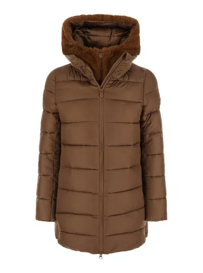 Save The Duck Matilda Long Puffer Down Jacket With Hood And Pockets In Brown