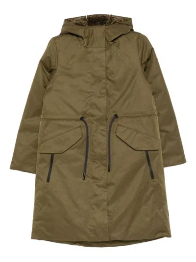 SAVE THE DUCK MID-LENGTH GREEN CINCHED WAIST PARKA WITH HOOD