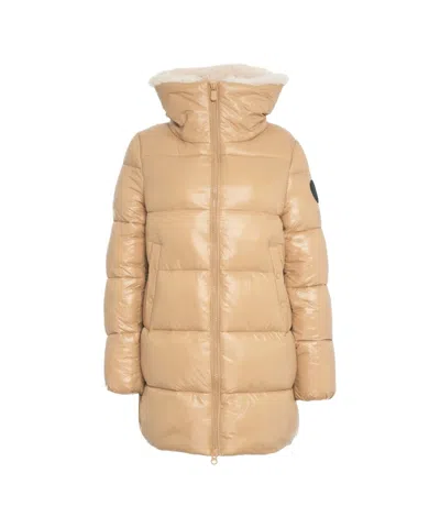 SAVE THE DUCK QUILTED BEIGE DOWN COAT WITH PLUSH COLLAR