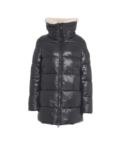 Save The Duck Quilted Black Down Coat With Finish In Blue