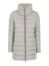 Save The Duck 'lydia' Beige Down Jacket With High Neck And Logo Patch On The Sleeve In White