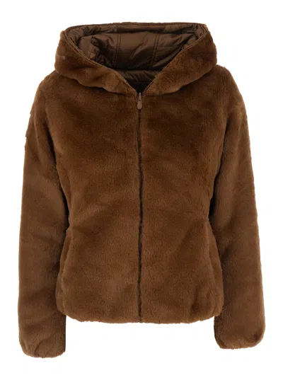 Save The Duck Reversible Down Jacket With Hood And Pockets In Brown