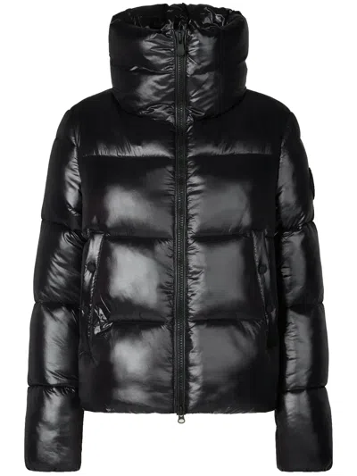 Save The Duck Shiny Puffer Jacket With High Collar And Cropped Length In Black