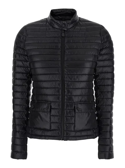SAVE THE DUCK 'TWINKLE' BLACK DOWN JACKET WITH HIGH NECK AND LOGO PATCH ON THE SLEEVE IN TECH FABRIC WOMAN