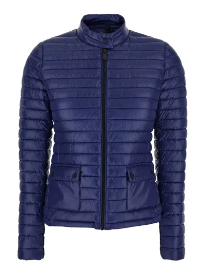SAVE THE DUCK TWINKLE BLUE DOWN JACKET WITH HIGH NECK AND LOGO PATCH ON THE SLEEVE IN TECH FABRIC WOMAN