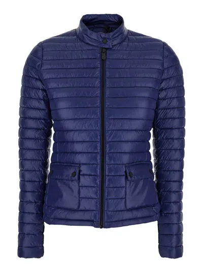 SAVE THE DUCK 'TWINKLE' BLUE DOWN JACKET WITH HIGH NECK AND LOGO PATCH ON THE SLEEVE IN TECH FABRIC WOMAN