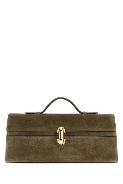 Savette Khaki Suede Slim Symmetry Handbag In Green