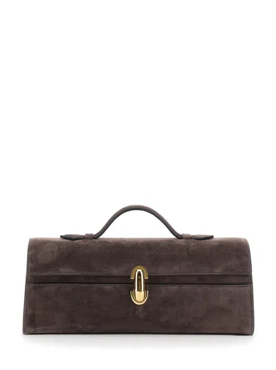 Savette Slim Symmetry Pouch Handbag In Suede With Zip Closure In Brown