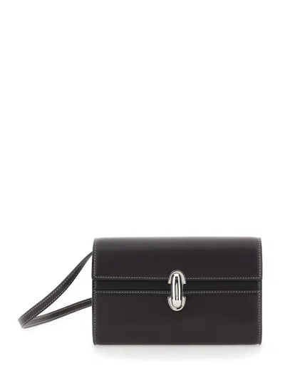 Savette Symmetry Black Mini Crossbody Bag With Front Plaque Closure In Grained Leather Woman In Brown