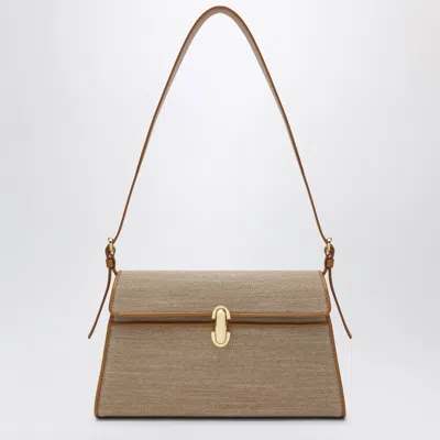 Savette Symmetry Crossbody Bag In Canvas And Light Brown Leather In Beige