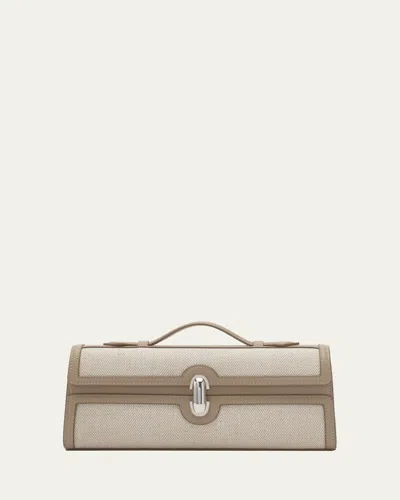 Savette Symmetry Herringbone Linen & Leather Pochette In Brown