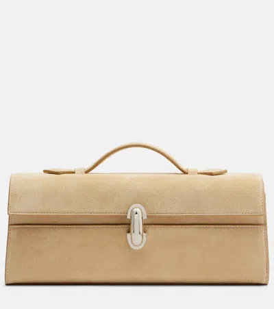 Savette Symmetry Slim Suede Top-handle Bag In Sand