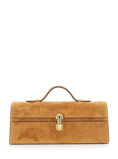 Savette Symmetry Suede Mini Slim Handbag With Top Handle And Turnlock Closure In Brown